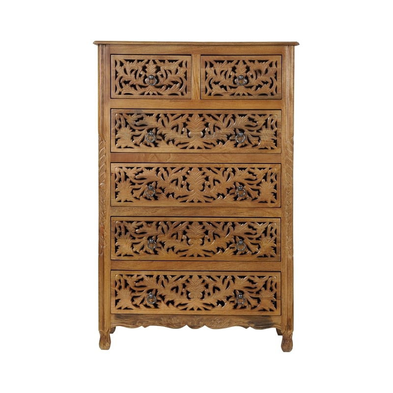 Pemberly Row Solid Mango Wood 6-Drawer Tall Chest 54 Inch in Brown