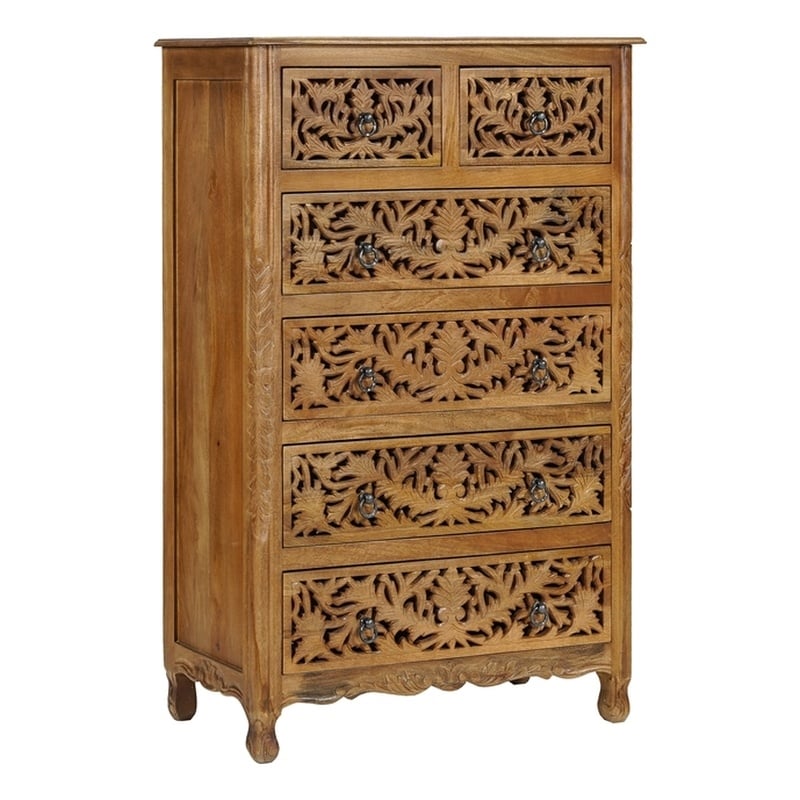 Pemberly Row Solid Mango Wood 6-Drawer Tall Chest 54 Inch in Brown