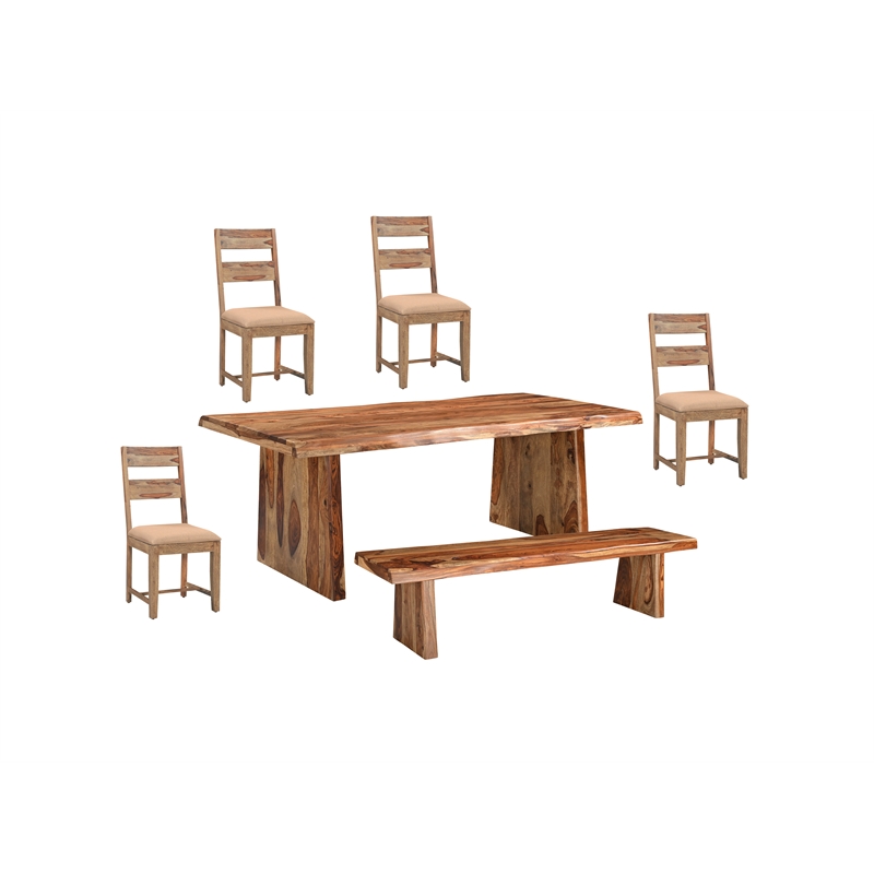 Pemberly Row Live Edge Upholstered Solid Wood Sheesham 6-Pc Dining Set in Brown