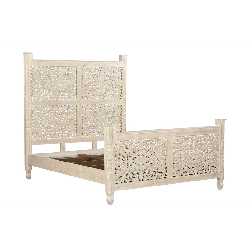 Pemberly Row White Floral Carved Solid Wood Mango 5-Piece Queen Bedroom Set