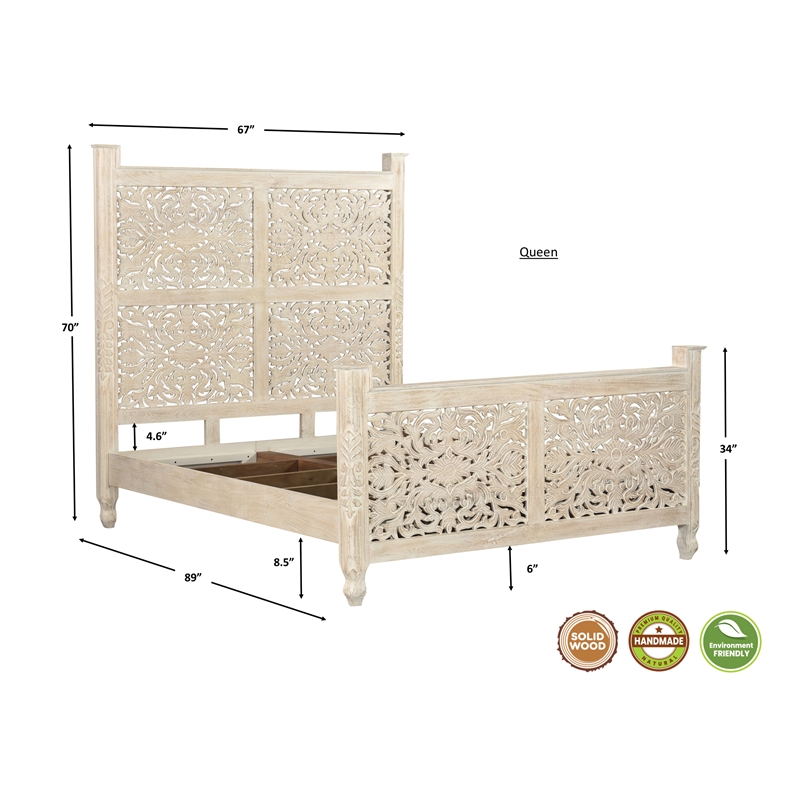 Pemberly Row White Floral Carved Solid Wood Mango 5-Piece Queen Bedroom Set