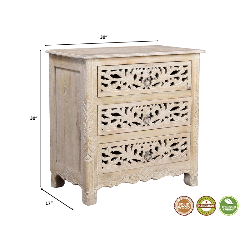 Pemberly Row White Floral Carved Solid Wood Mango 5-Piece Queen Bedroom Set