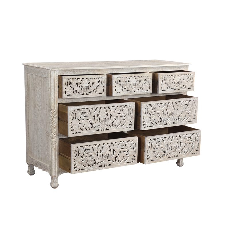 Pemberly Row White Floral Carved Solid Wood Mango 5-Piece Queen Bedroom Set