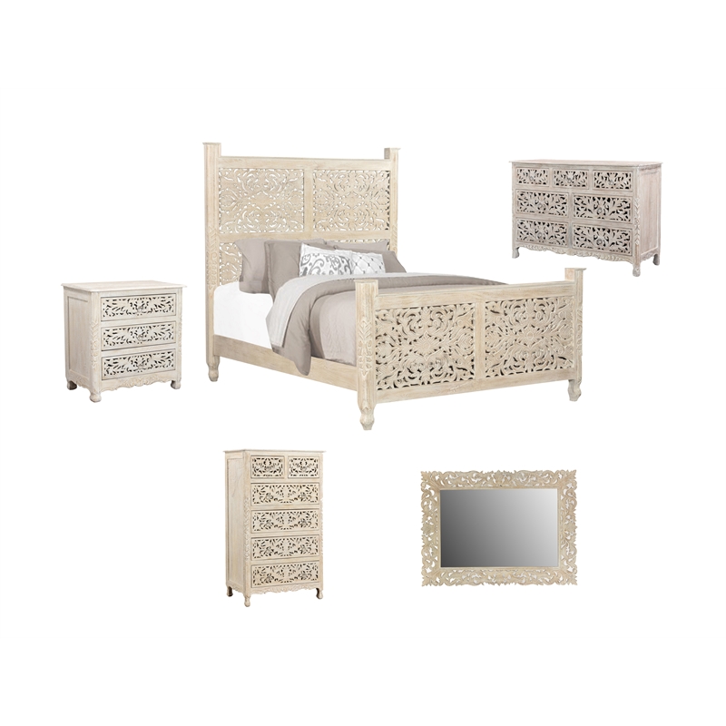 Pemberly Row White Floral Carved Solid Wood Mango 5-Piece Queen Bedroom Set