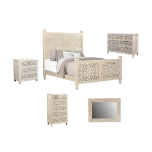 Pemberly Row White Floral Carved Solid Wood Mango 5-Piece Queen Bedroom Set