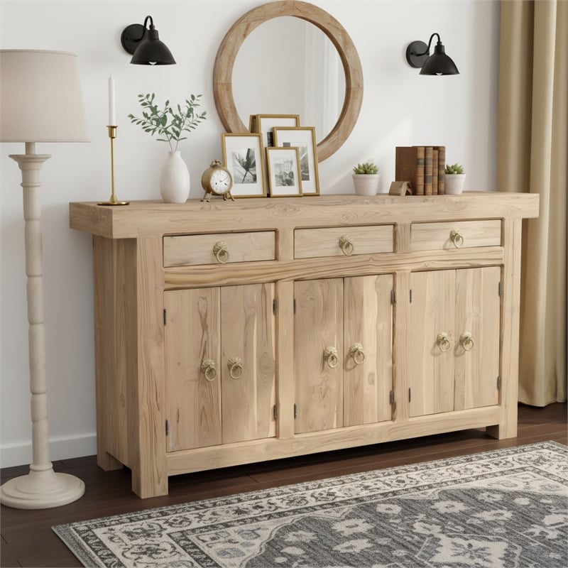 Pemberly Row Solid Wood Teak Sideboard with Brass Ring Pulls 3 Drawers 6 Doors