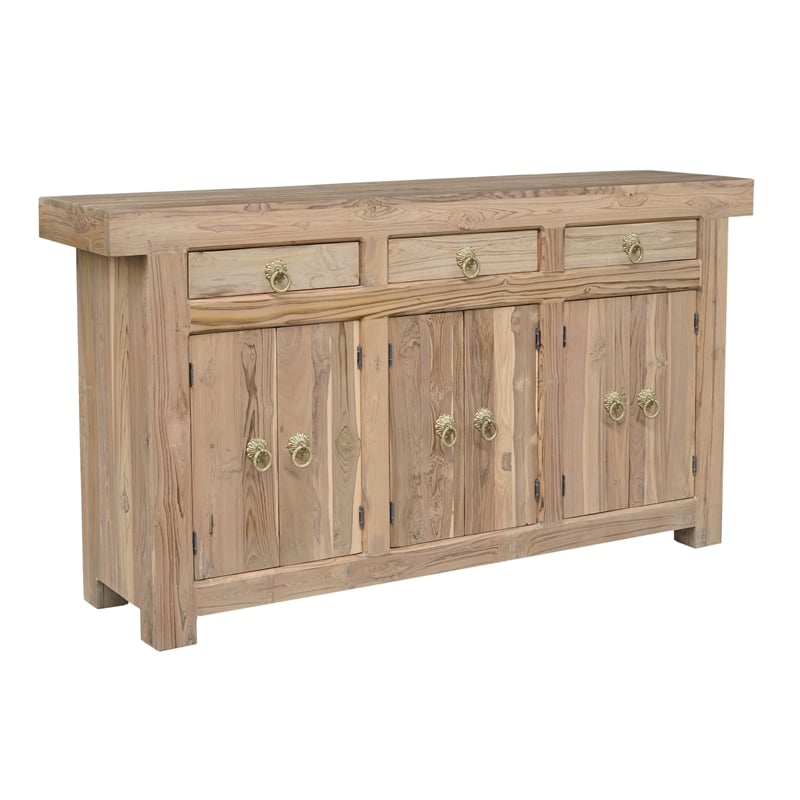 Pemberly Row Solid Wood Teak Sideboard with Brass Ring Pulls 3 Drawers 6 Doors
