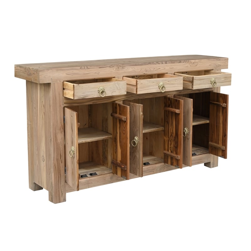 Pemberly Row Solid Wood Teak Sideboard with Brass Ring Pulls 3 Drawers 6 Doors
