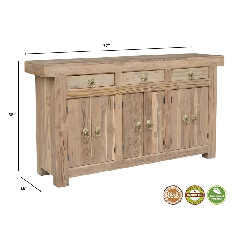 Pemberly Row Solid Wood Teak Sideboard with Brass Ring Pulls 3 Drawers 6 Doors