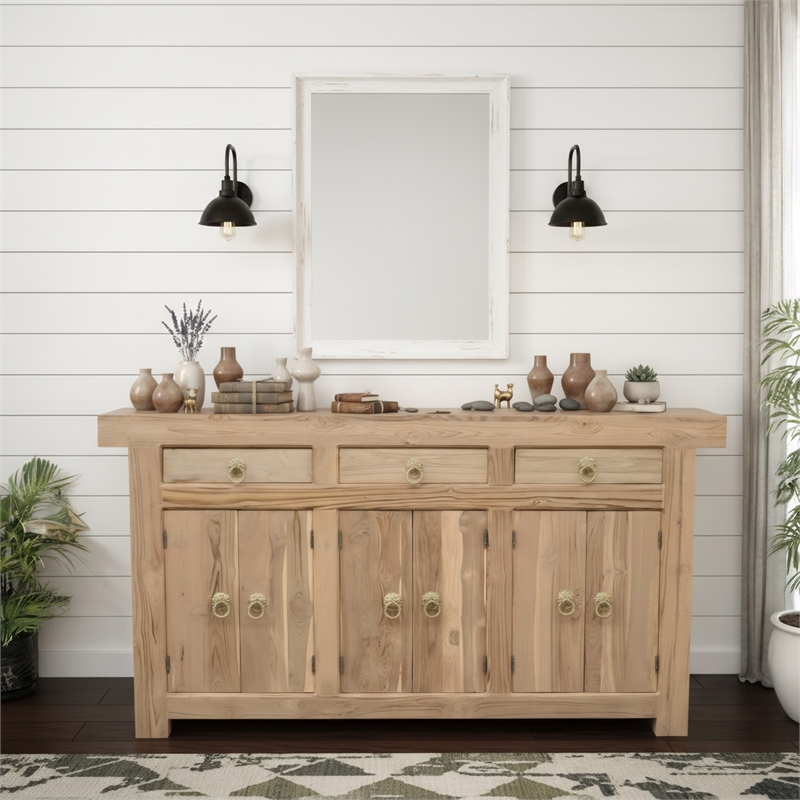 Pemberly Row Solid Wood Teak Sideboard with Brass Ring Pulls 3 Drawers 6 Doors