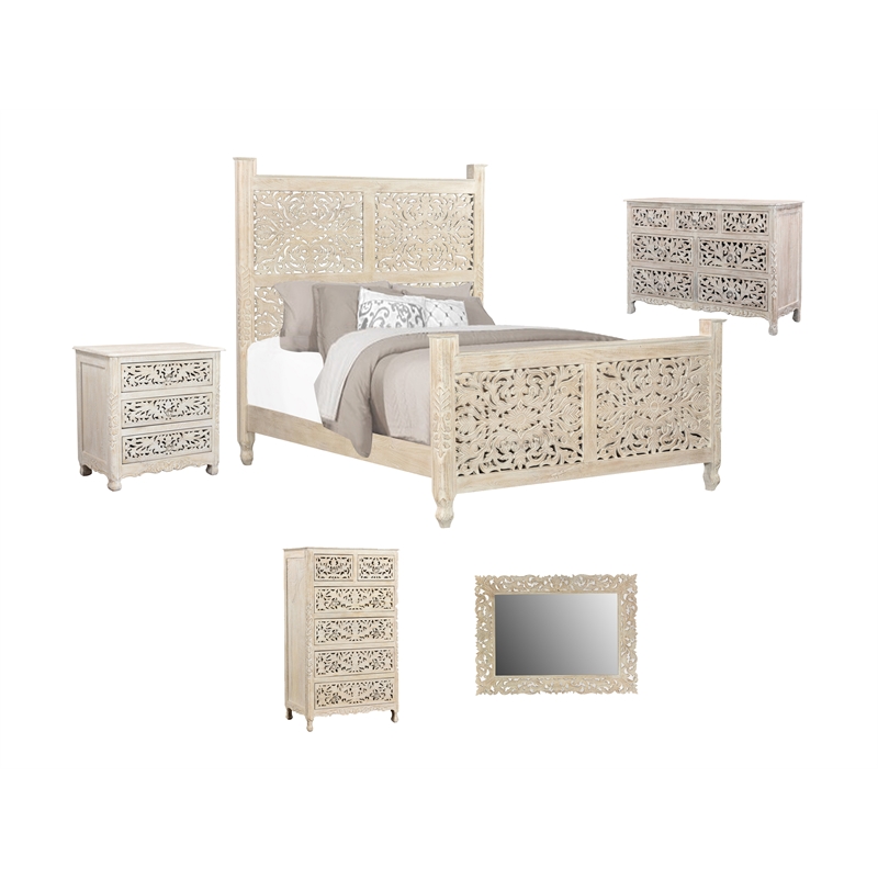 Pemberly Row White Floral Carved Solid Wood Mango 5-Piece King Bedroom Set