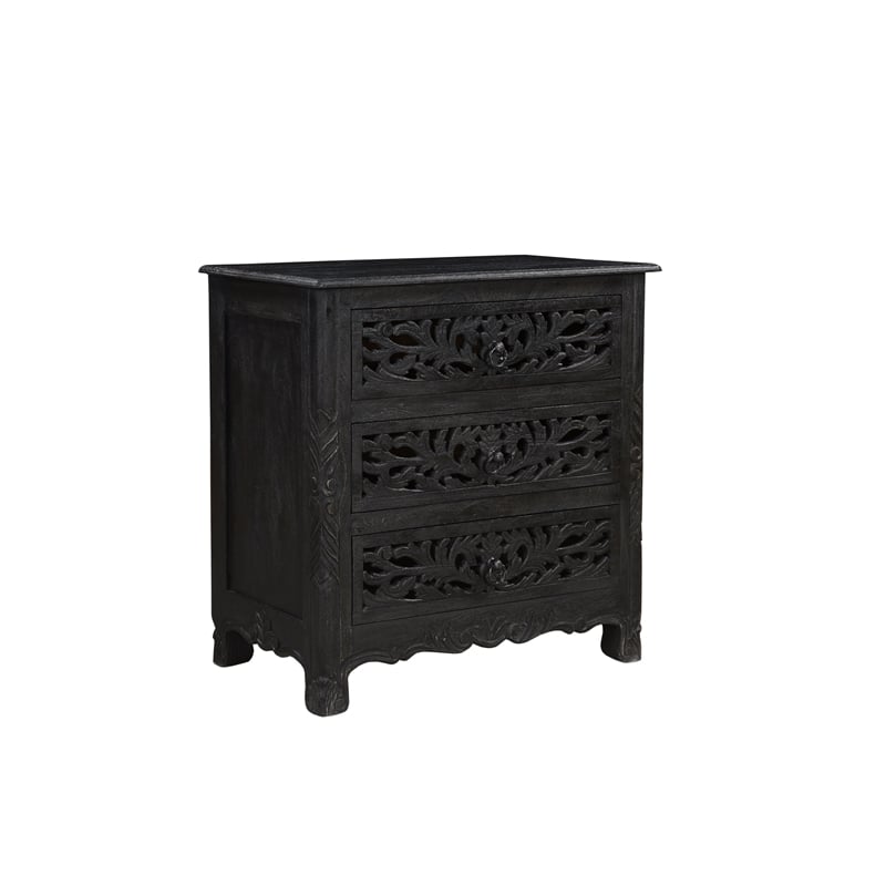 Pemberly Row Black Floral Carved Solid Wood Mango 5-Piece Queen Bedroom Set