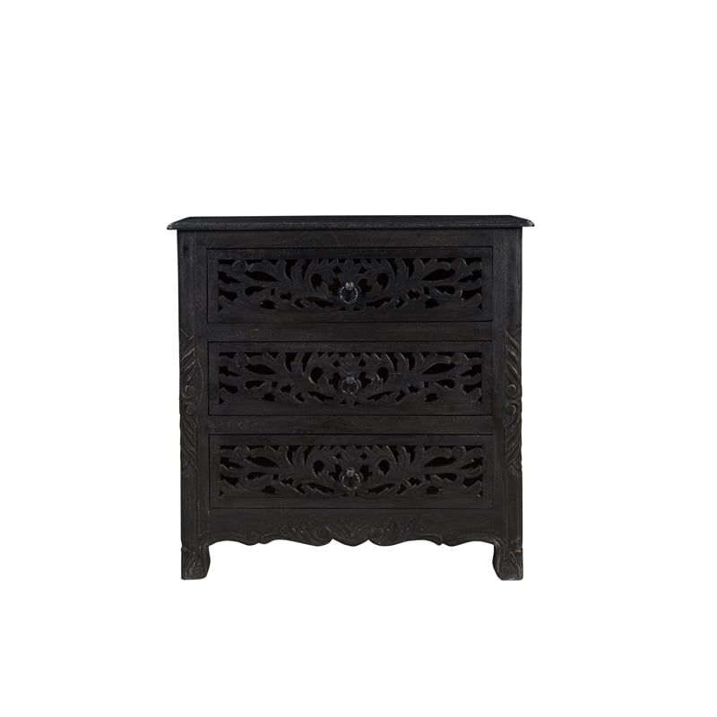 Pemberly Row Black Floral Carved Solid Wood Mango 5-Piece Queen Bedroom Set
