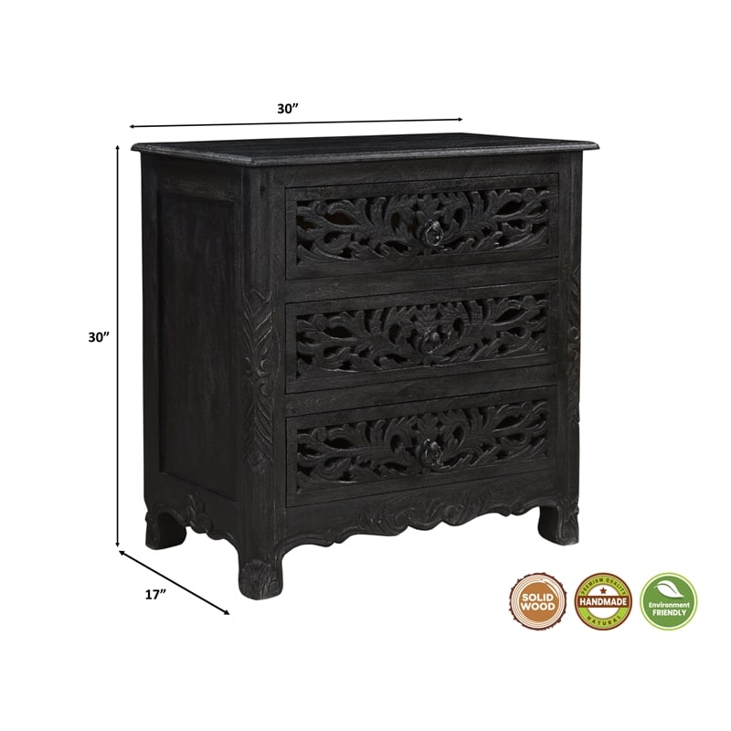 Pemberly Row Black Floral Carved Solid Wood Mango 5-Piece Queen Bedroom Set