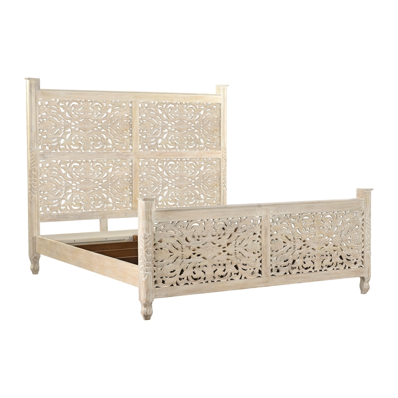 Pemberly Row White Floral Carved Solid Wood Mango 5-Piece King Bedroom Set