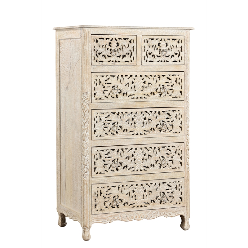 Pemberly Row White Floral Carved Solid Wood Mango 5-Piece King Bedroom Set
