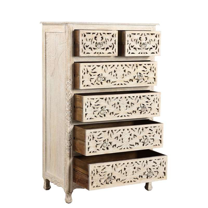 Pemberly Row White Floral Carved Solid Wood Mango 5-Piece King Bedroom Set
