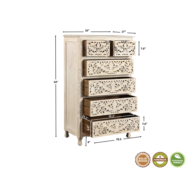 Pemberly Row White Floral Carved Solid Wood Mango 5-Piece King Bedroom Set
