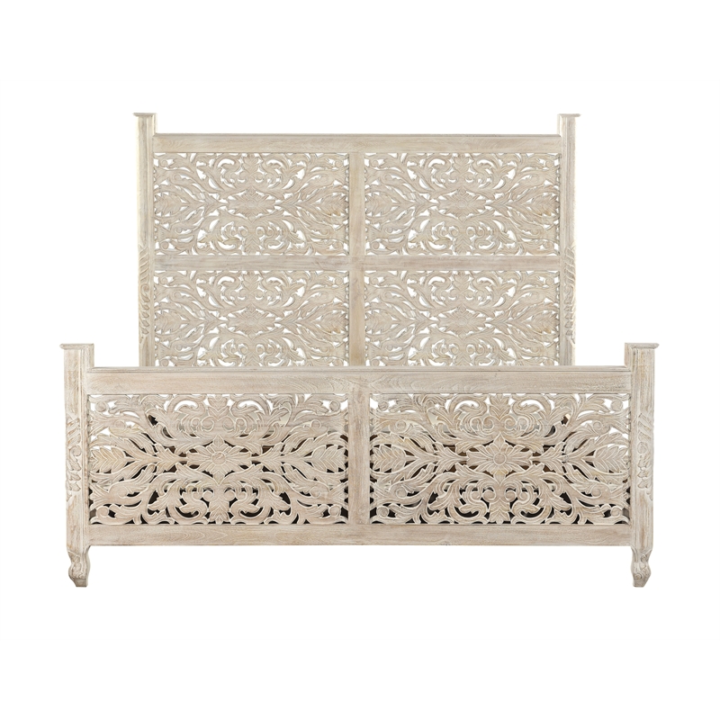 Pemberly Row White Floral Carved Solid Wood Mango 5-Piece King Bedroom Set