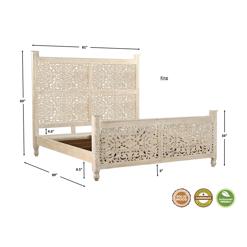 Pemberly Row White Floral Carved Solid Wood Mango 5-Piece King Bedroom Set