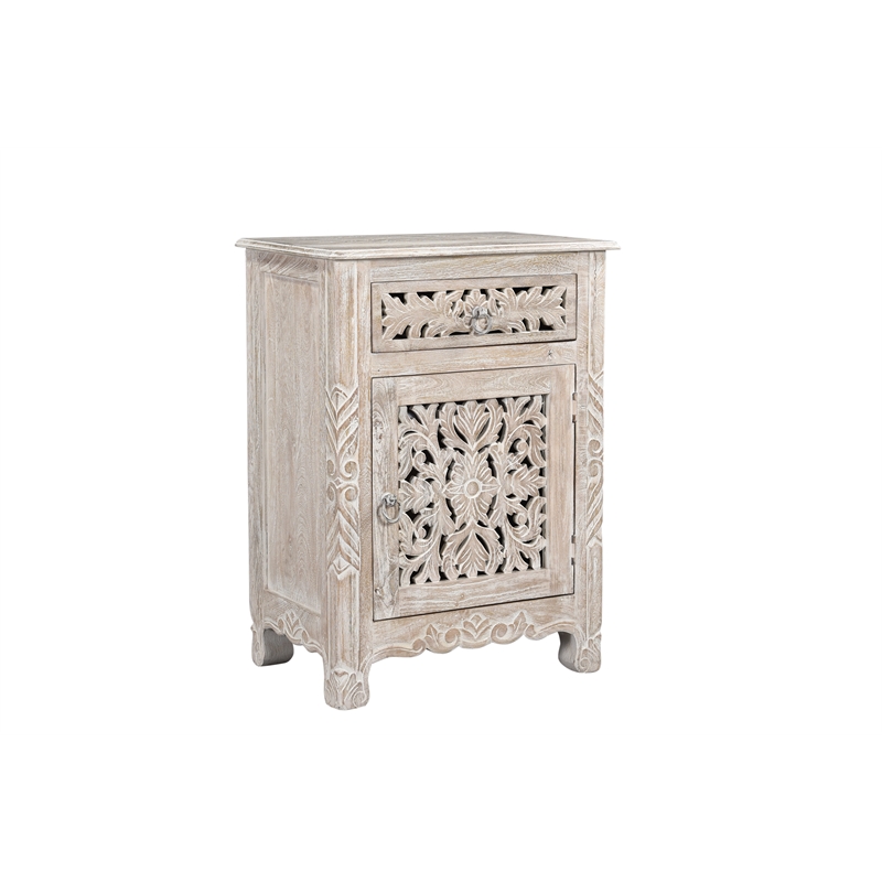 Pemberly Row White Floral Carved Solid Wood Mango 5-Piece King Bedroom Set