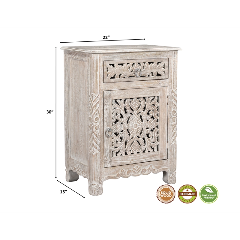 Pemberly Row White Floral Carved Solid Wood Mango 5-Piece King Bedroom Set