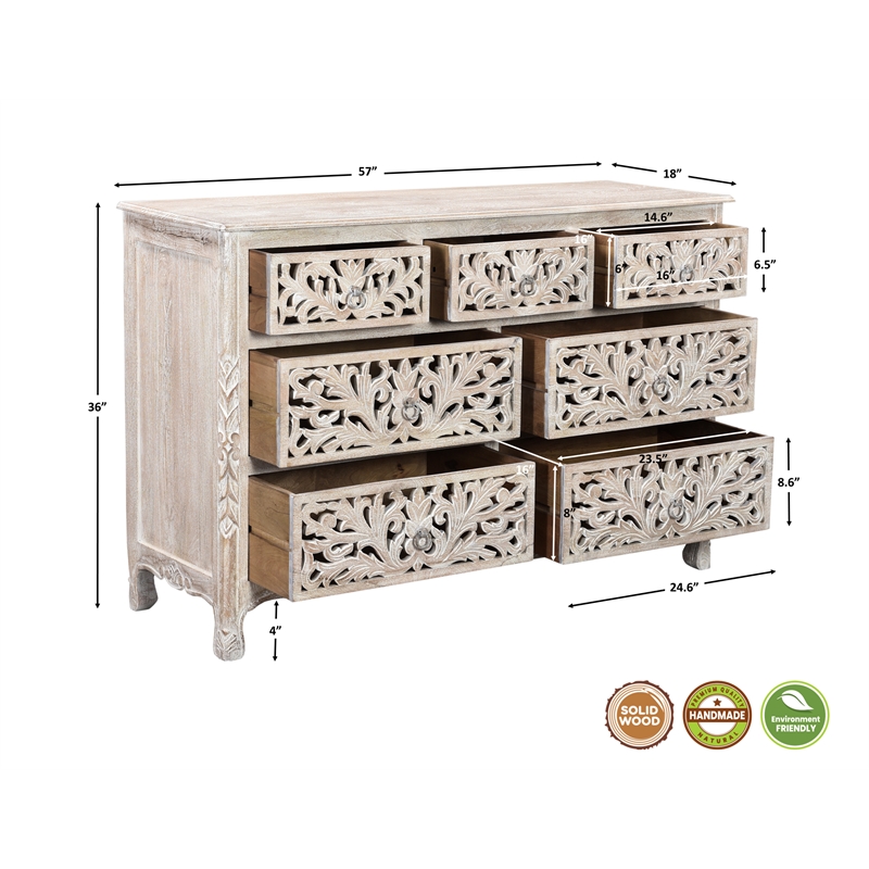 Pemberly Row White Floral Carved Solid Wood Mango 5-Piece King Bedroom Set