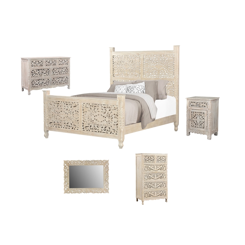 Pemberly Row White Floral Carved Solid Wood Mango 5-Piece King Bedroom Set