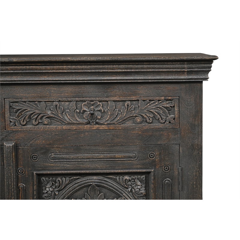 Pemberly Row Carved Mango Wood Sideboard with 3 Drawers & Doors in Black