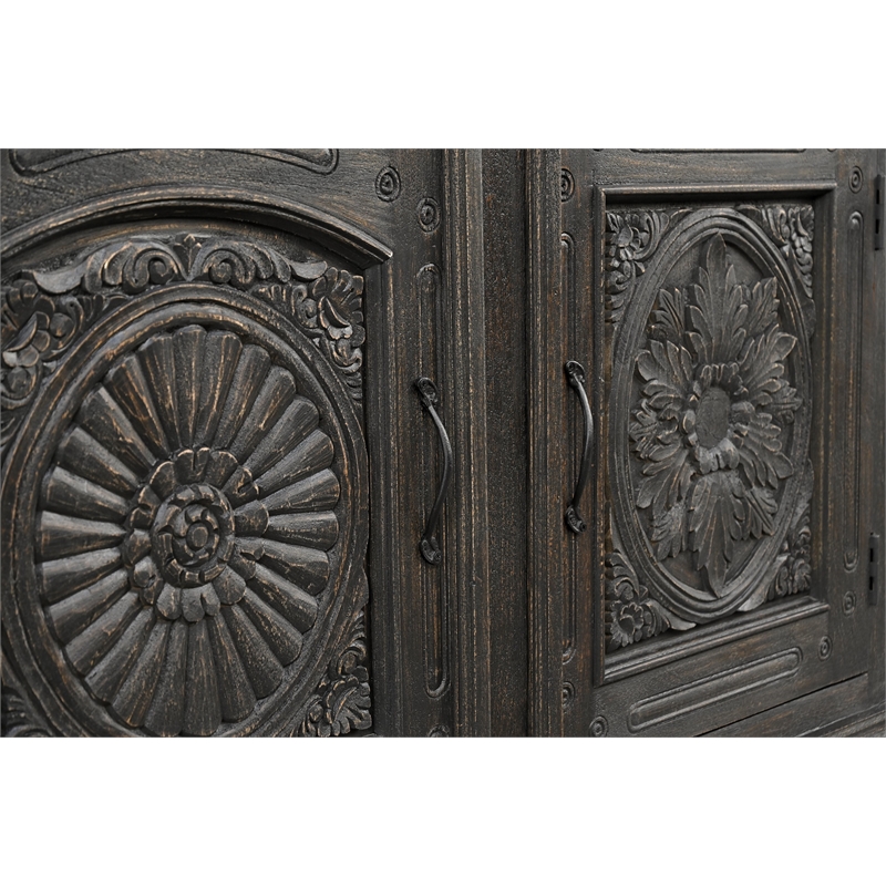 Pemberly Row Carved Mango Wood Sideboard with 3 Drawers & Doors in Black