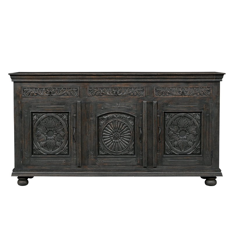 Pemberly Row Carved Mango Wood Sideboard with 3 Drawers & Doors in Black