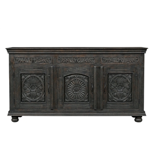 Pemberly Row Carved Mango Wood Sideboard with 3 Drawers & Doors in Black