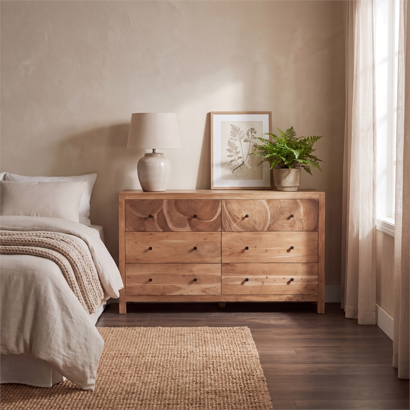 Pemberly Row Brown Solid Wood 6-Drawer Dresser with Tree Slice Design