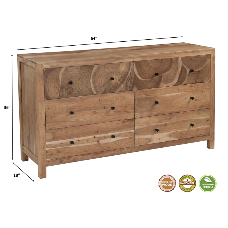 Pemberly Row Brown Solid Wood 6-Drawer Dresser with Tree Slice Design