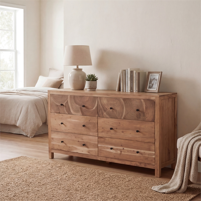 Pemberly Row Brown Solid Wood 6-Drawer Dresser with Tree Slice Design
