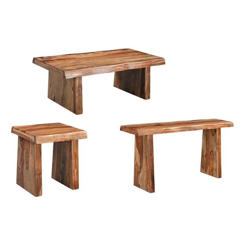 Pemberly Row Solid Wood 3-Piece Live Edge Living Room Table Set in Brown