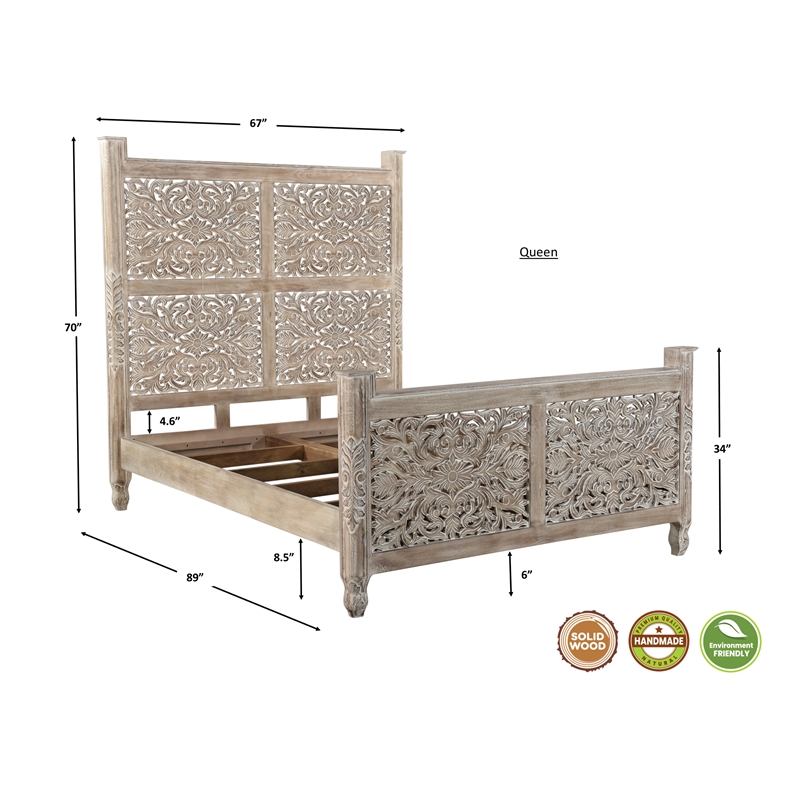 Pemberly Row Gray Floral Carved Solid Wood Mango 5-Piece Queen Bedroom Set