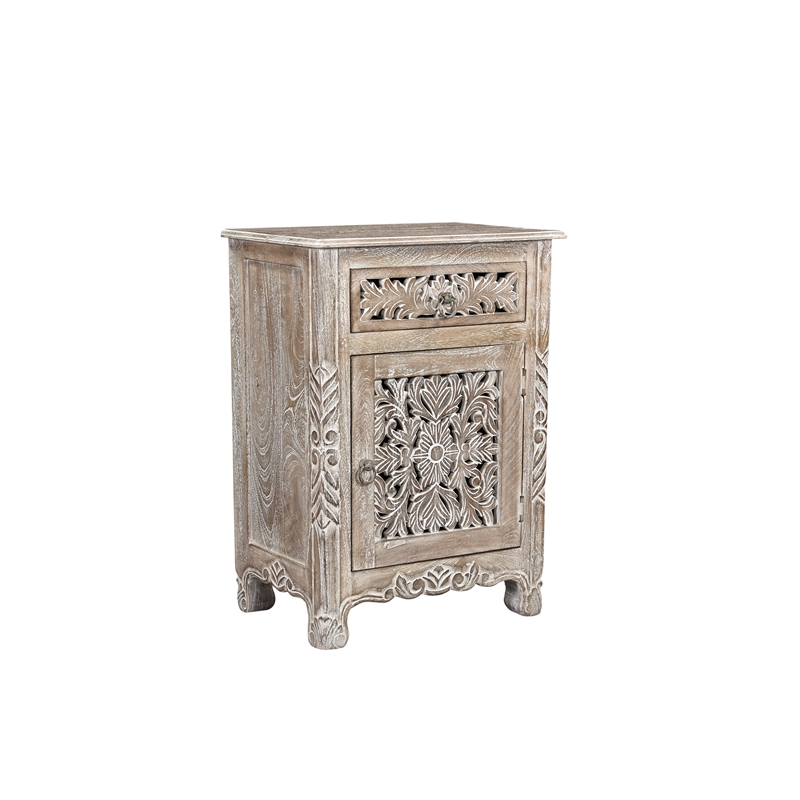 Pemberly Row Gray Floral Carved Solid Wood Mango 5-Piece Queen Bedroom Set