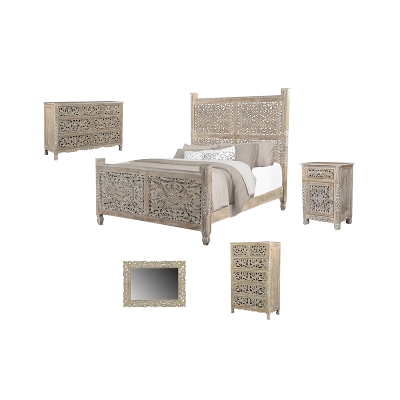 Pemberly Row Gray Floral Carved Solid Wood Mango 5-Piece Queen Bedroom Set