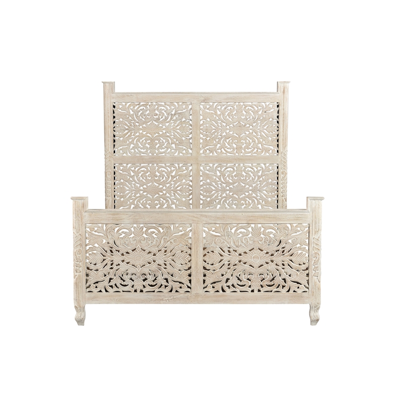 Pemberly Row White Floral Carved Solid Wood Mango 5-Piece Queen Bedroom Set