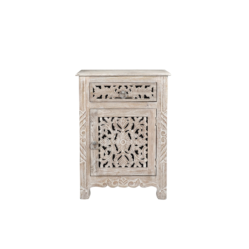 Pemberly Row White Floral Carved Solid Wood Mango 5-Piece Queen Bedroom Set
