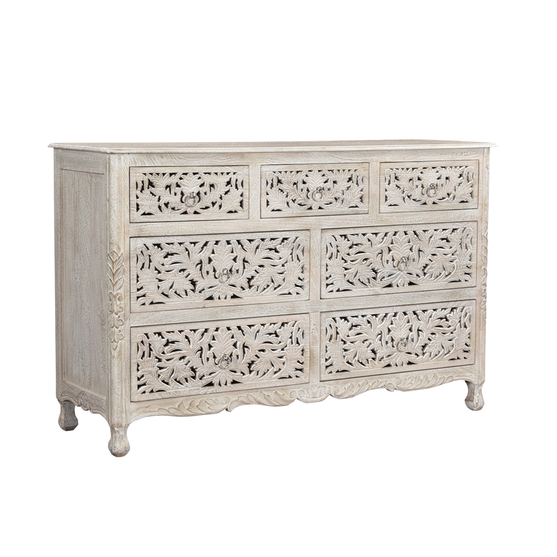 Pemberly Row White Floral Carved Solid Wood Mango 5-Piece Queen Bedroom Set
