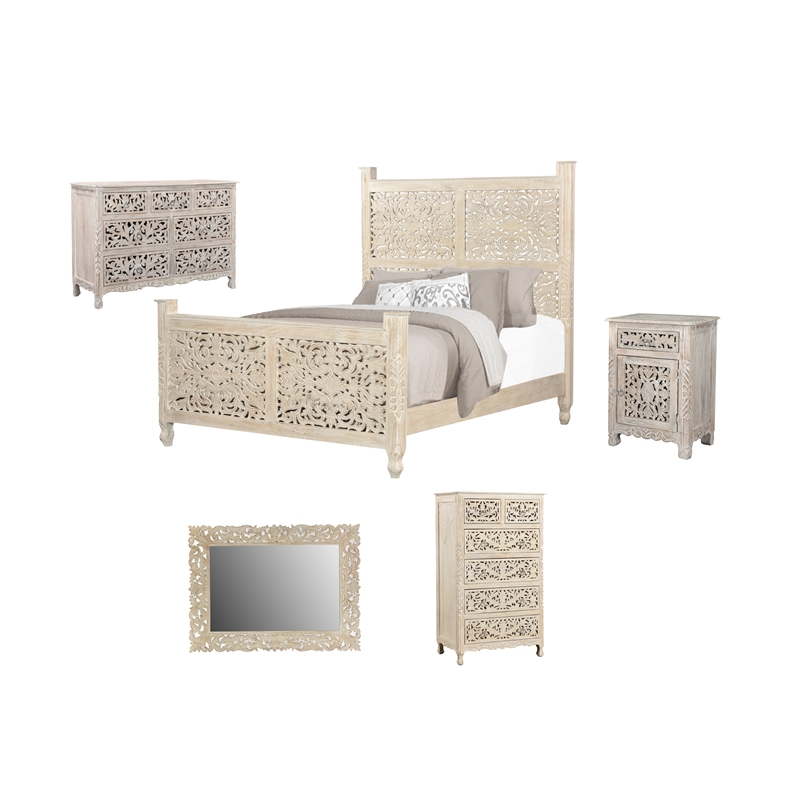 Pemberly Row White Floral Carved Solid Wood Mango 5-Piece Queen Bedroom Set