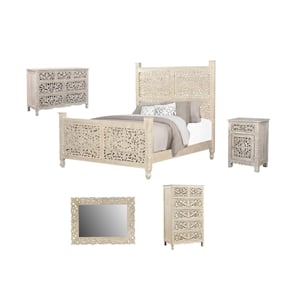 Pemberly Row White Floral Carved Solid Wood Mango 5-Piece Queen Bedroom Set