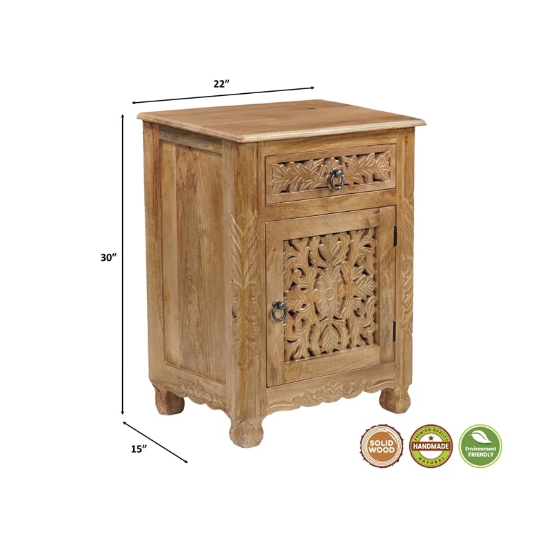 Pemberly Row Brown Solid Wood Nightstand with Drawer and Cabinet Fully Assembled