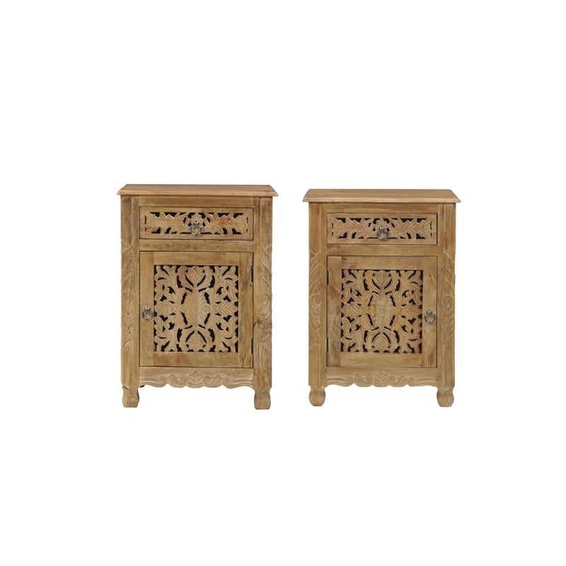 Pemberly Row Brown Solid Wood Nightstand with Drawer and Cabinet Fully Assembled