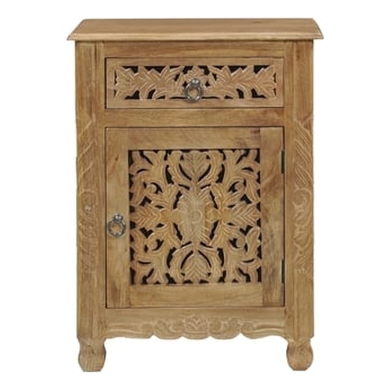 Pemberly Row Brown Solid Wood Nightstand with Drawer and Cabinet Fully Assembled