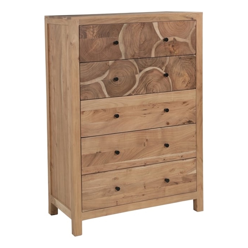 Pemberly Row Brown Solid Wood 5-Drawer Chest with Tree Slice Design