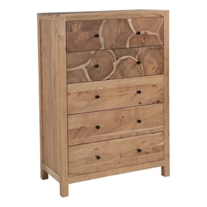 Pemberly Row Brown Solid Wood 5-Drawer Chest with Tree Slice Design