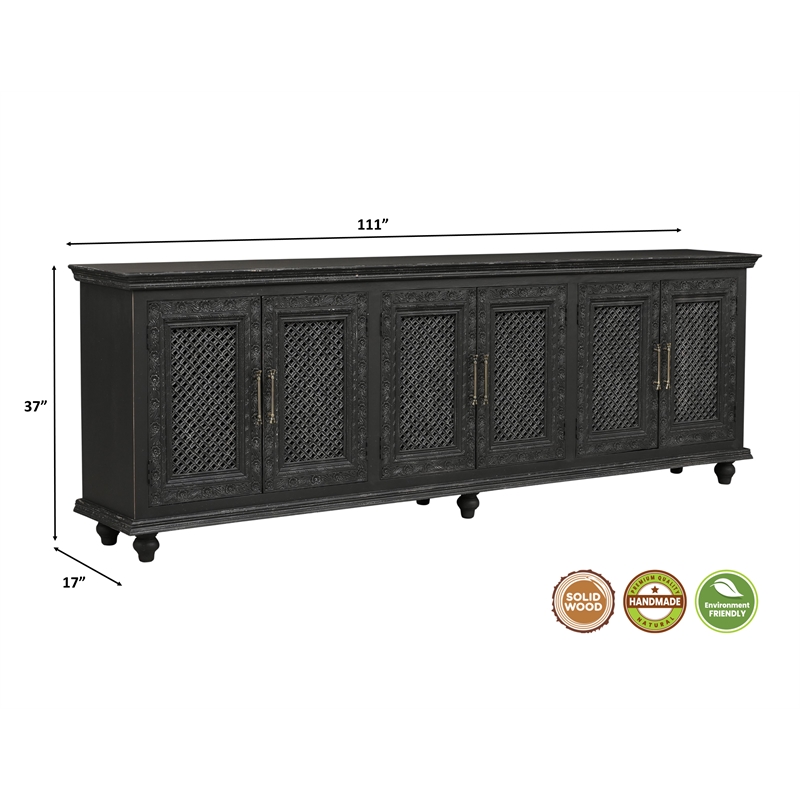 Pemberly Row Handcrafted Solid Wood Sideboard with Floral Carvings and 6 Doors